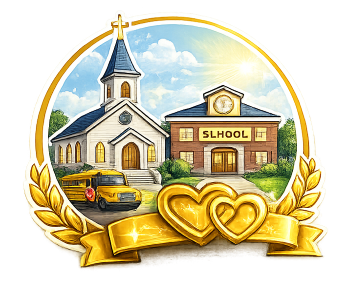 Illustration of a church and a school building on a bright day, with a yellow school bus parked outside, surrounded by a gold laurel wreath and two gold hearts.