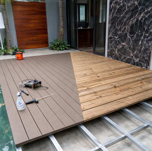side-by-side composite board and pressure-treated plank