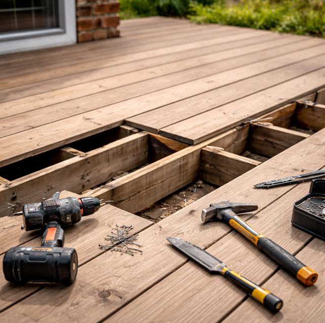 weathered deck boards with exposed rotten joist underneath