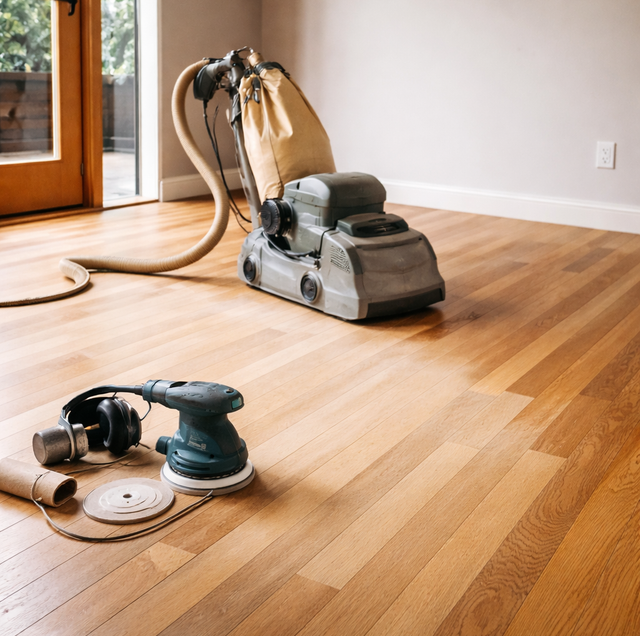 scratched oak plank beside sander dust and spare boards