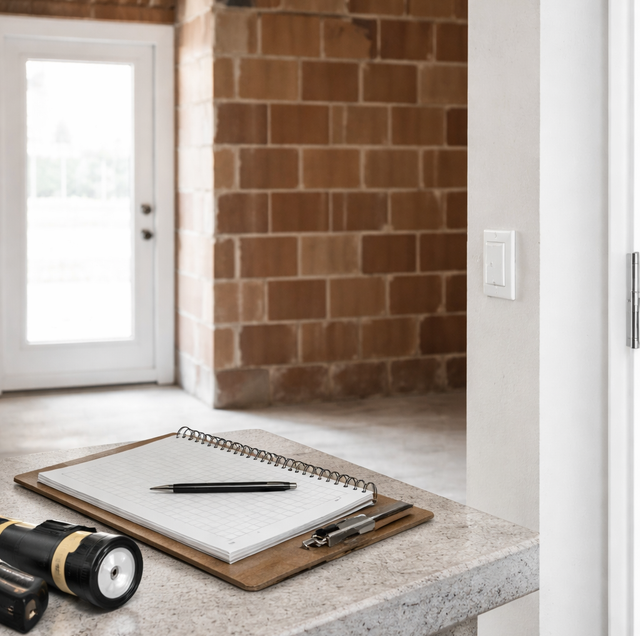 homeowner at clipboard checking walls with checklist