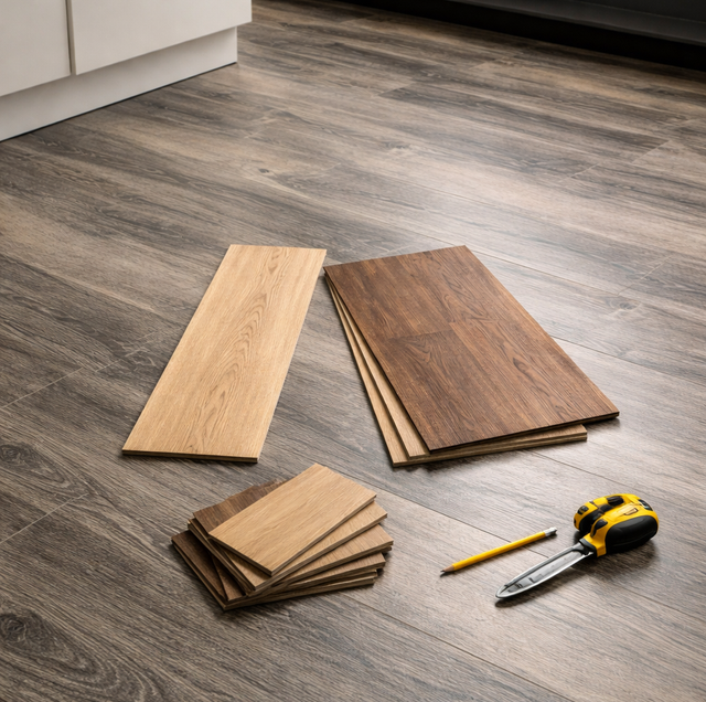 two wood-look flooring planks side by side clicking together