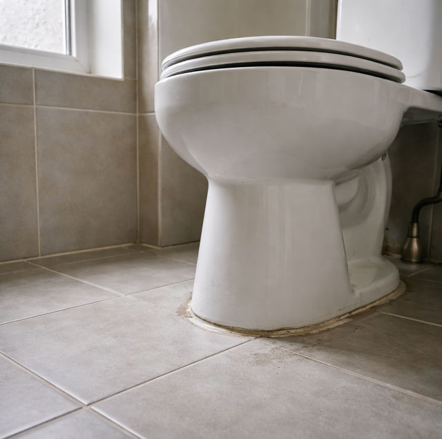 contractor pressing thumb into soft bathroom subfloor