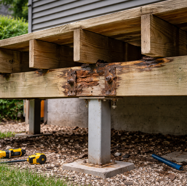 cracked wood plank on elevated backyard deck