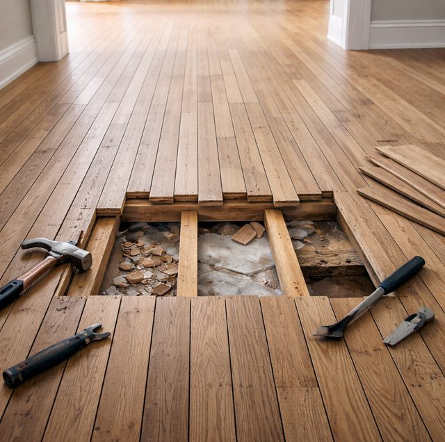 homeowner testing soft spot in living room floor