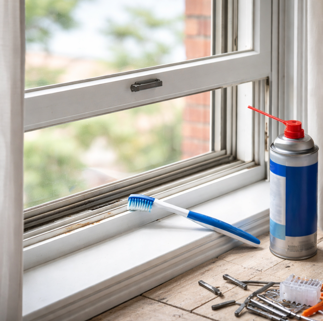 stuck sash window with muddy track and paint