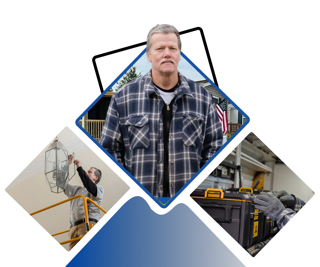 A collage of three images showing people involved in home improvement or repair projects, including a man in a plaid shirt outdoors, a man installing a lantern light fixture indoors, and someone using a power drill in a storage area.