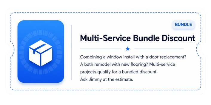 Digital advertisement for a multi-service bundle discount, offering combined window installation, door replacement, and bathroom remodeling projects, with a call to ask Jimmy for an estimate.