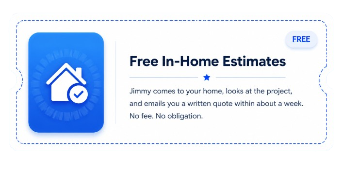 Advertisement offering free in-home estimates for home projects, with a blue icon of a house and checkmark, and text about the service details.