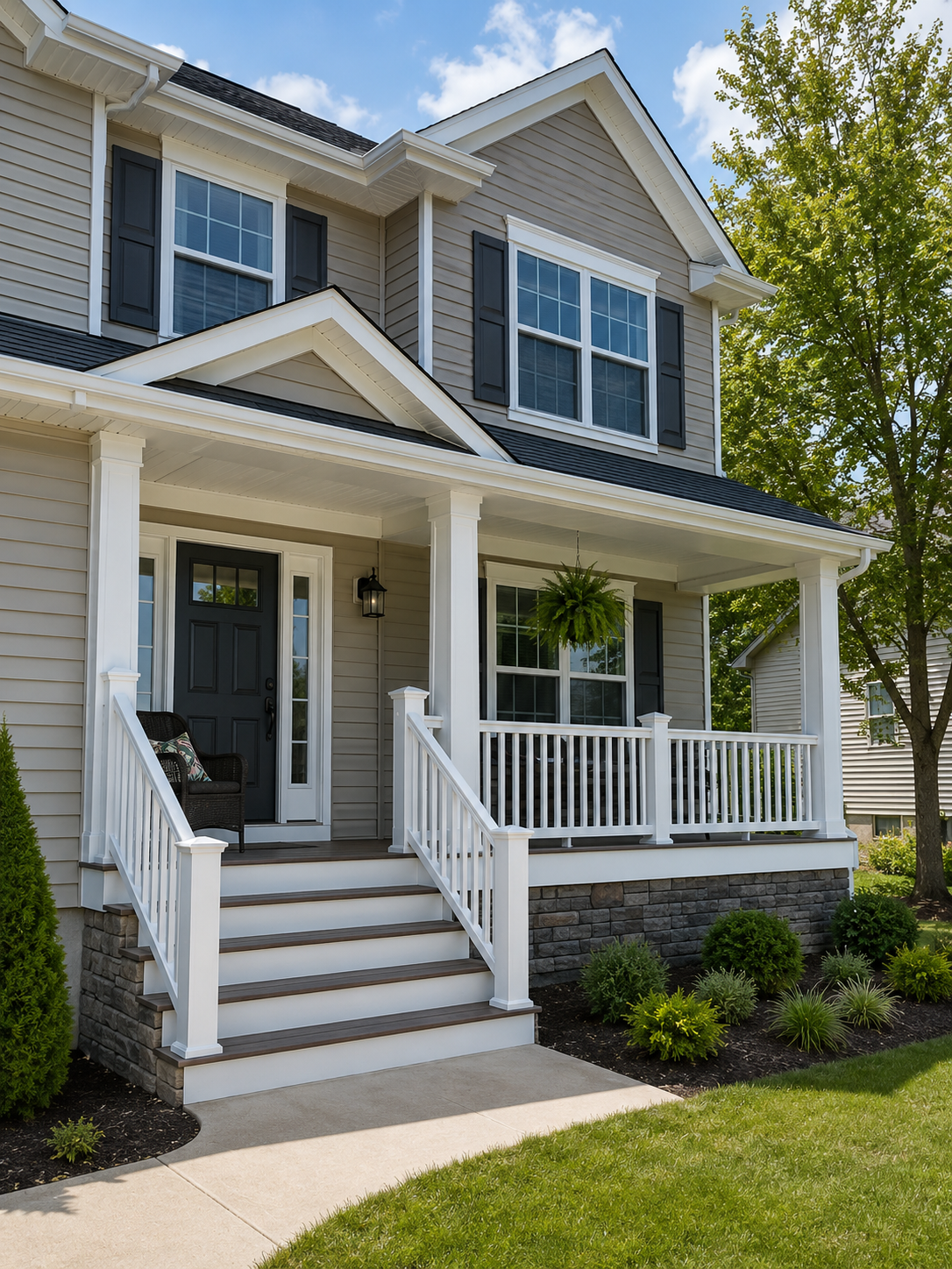 Front porch of a modern two-story house with beige siding, black shutters, white railing, stone foundation, and a hanging fern. There are steps leading up to the porch, a black front door with a window at the top, a chair, and surrounding green bushes and trees.