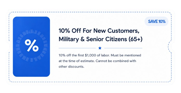 A promotional coupon offering 10% off for new customers, military, and seniors age 65 plus, with terms and conditions detailed below.