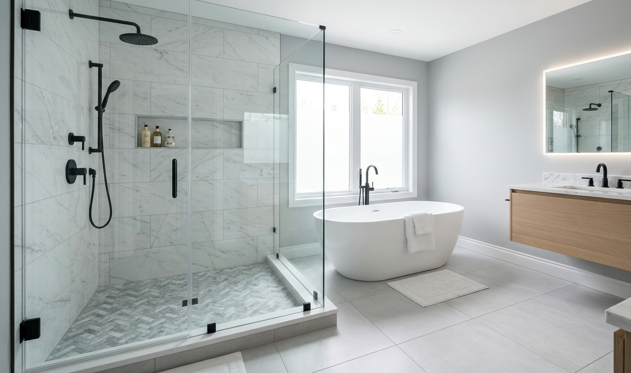 Modern bathroom with walk-in shower, freestanding bathtub, and double vanity with backlit mirror.
