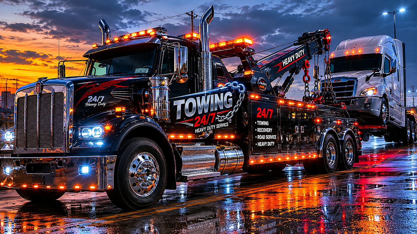 A tow truck with chrome accents and flashing lights lifting a semi-truck during sunset or dusk, with a reflecting wet surface.