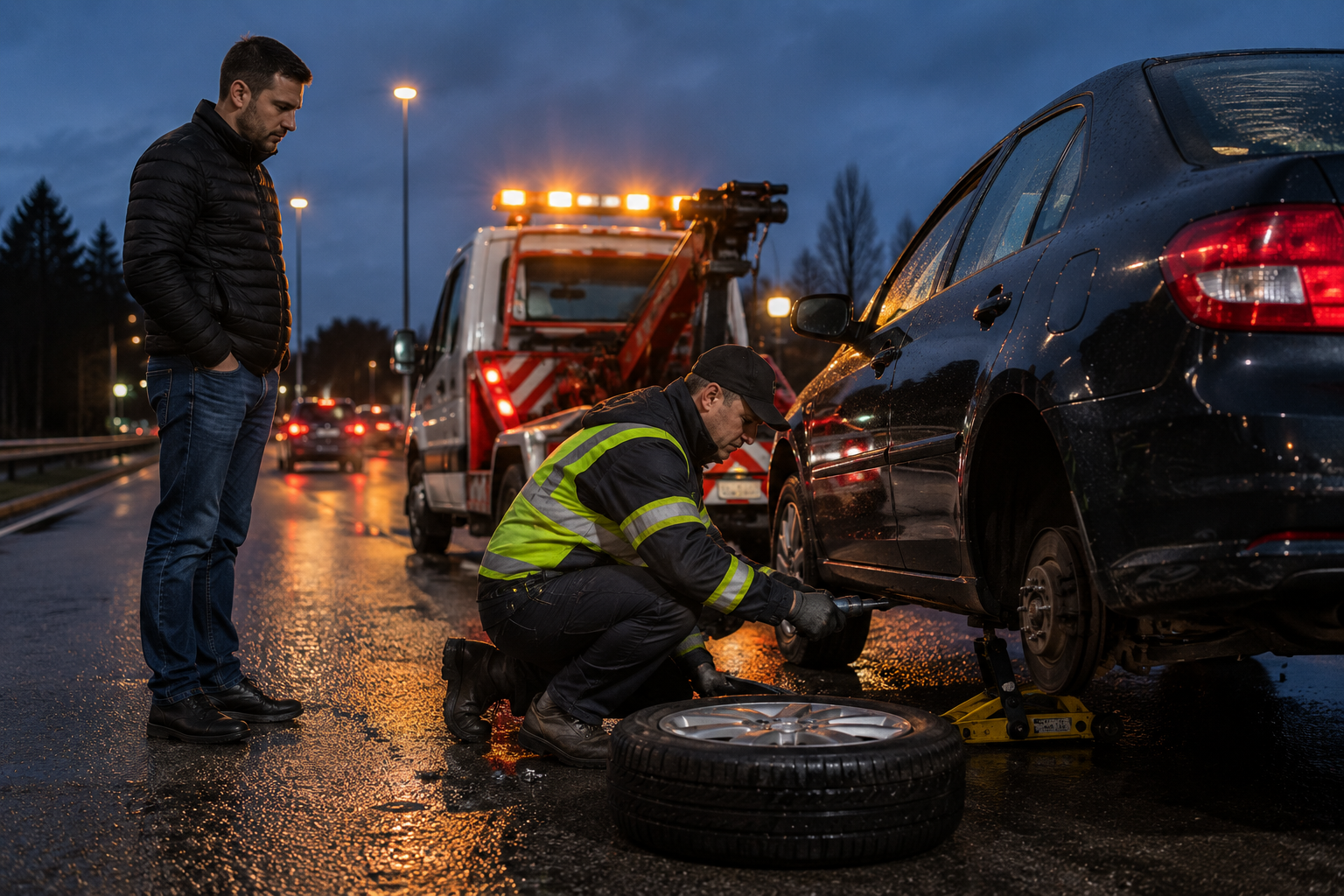 A man changing a flat tire on a black car on a wet road during evening or night, with a woman observing. A tow truck is parked nearby with flashing lights.