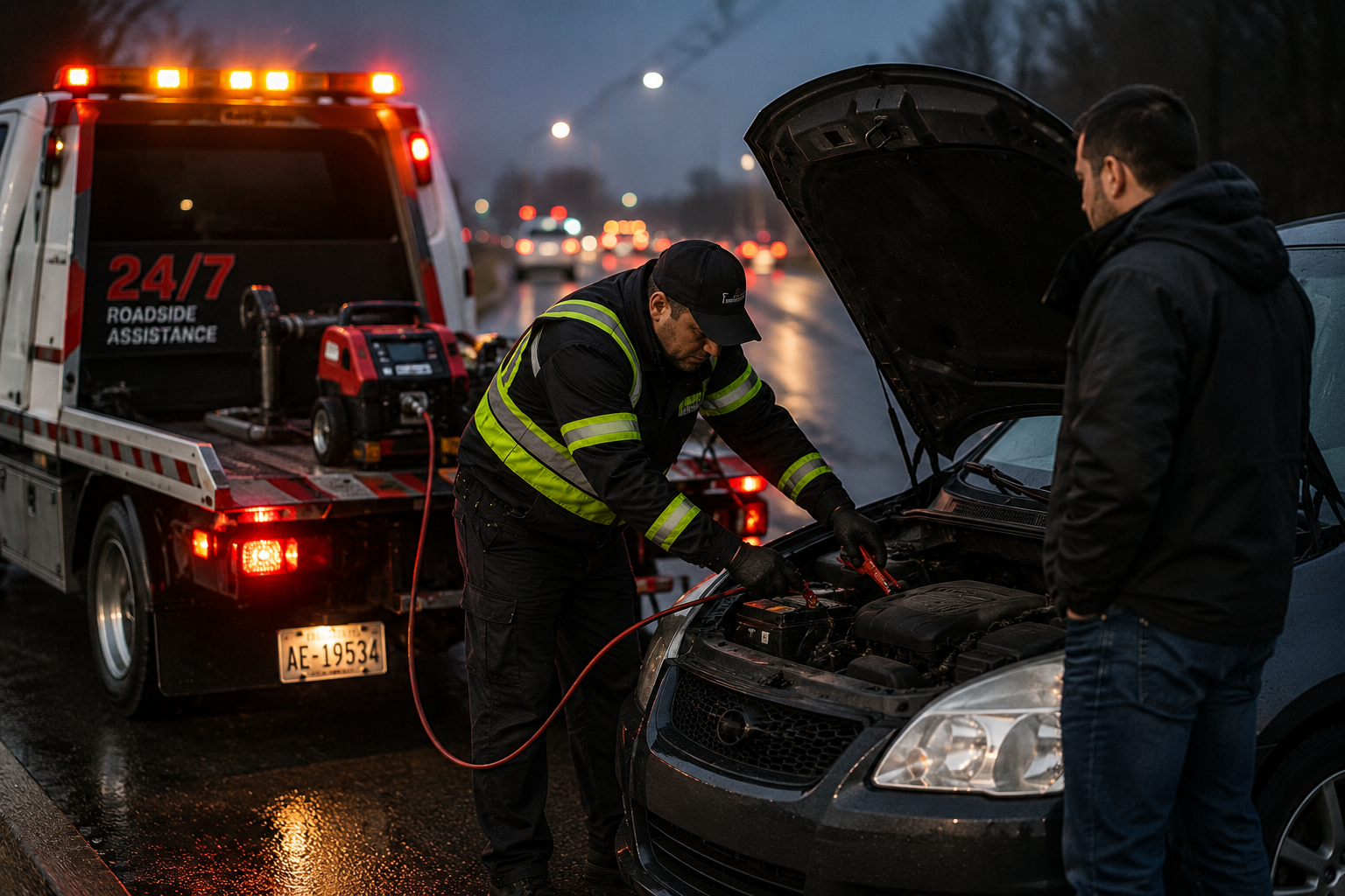 A roadside assistance technician checks the engine of a car on a rainy evening, with a roadside assistance vehicle parked nearby.