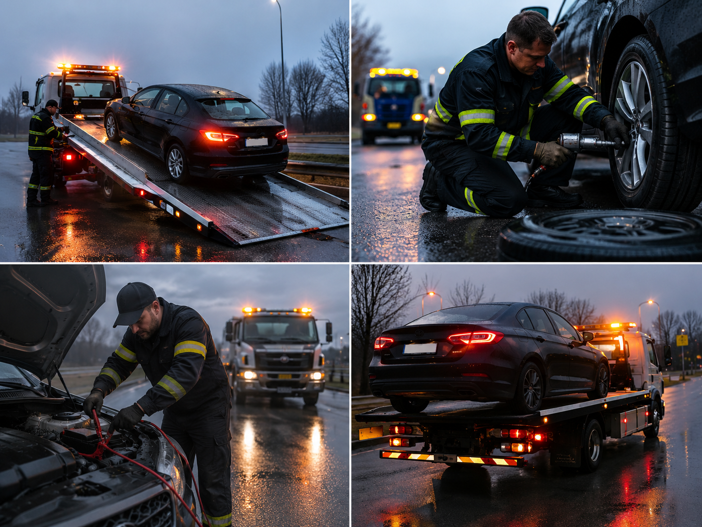 A collage of four photos showing firefighters repairing a car broken down on the side of a wet road at dusk. In the top left, a black car is being loaded onto a tow truck. In the top right, a firefighter is fixing a flat tire. In the bottom left, a firefighter is checking the engine under the hood. In the bottom right, the tow truck with the car is parked on the road as the scene is illuminated by streetlights.