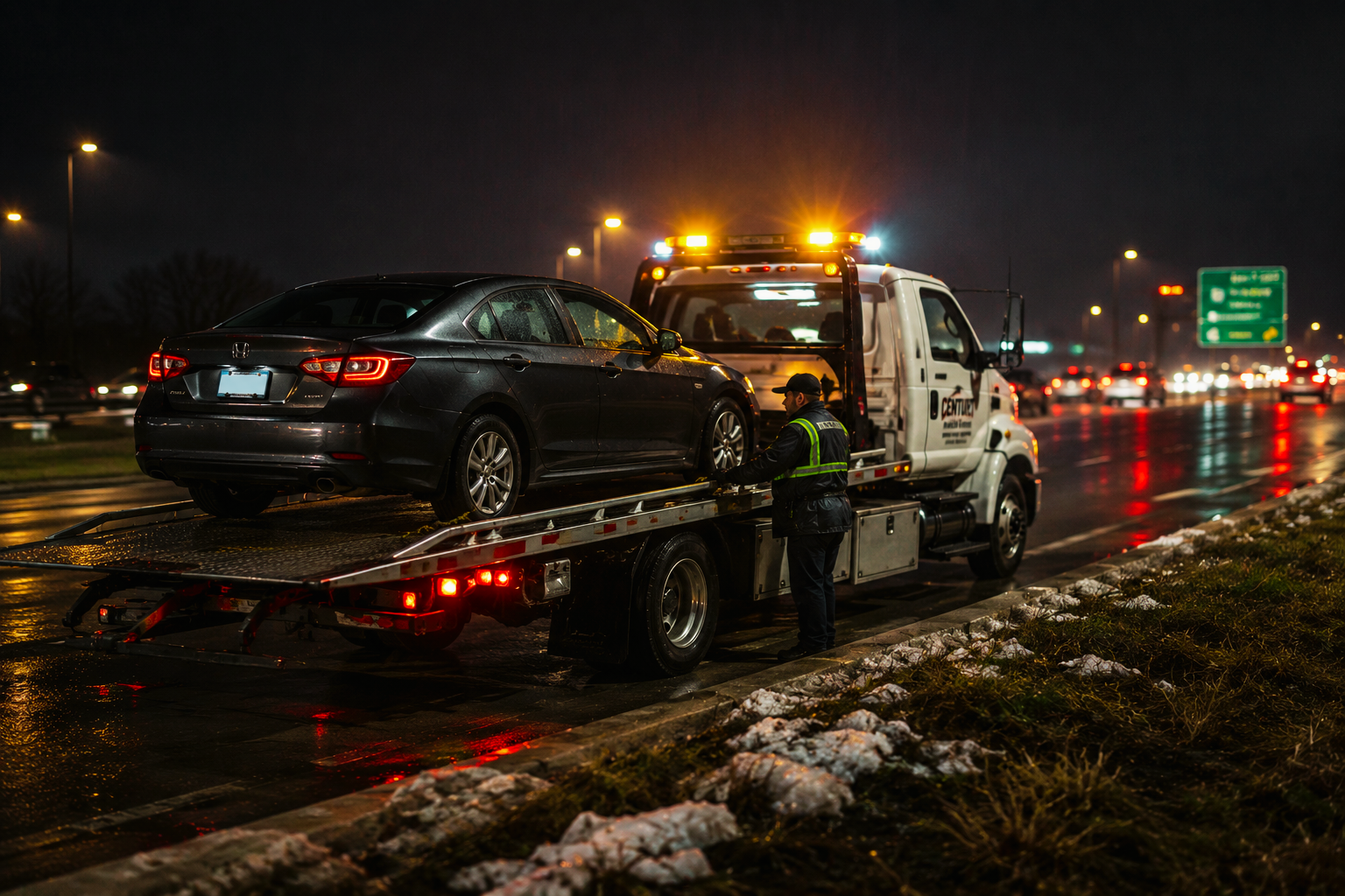 A tow truck with flashing lights loading a black sedan on a wet road at night, with traffic and streetlights in the background.