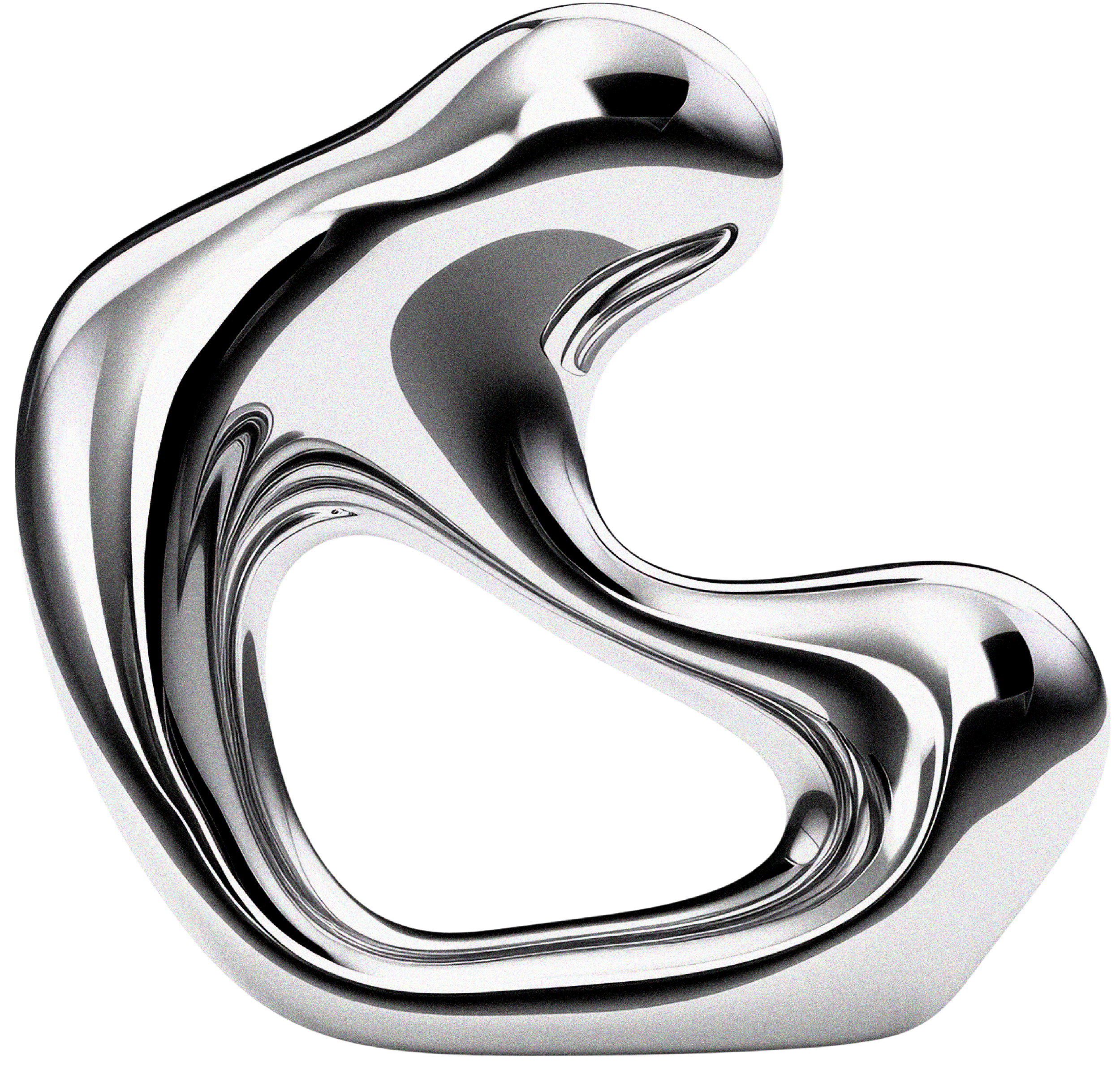 Close-up of a modern, metallic, abstract sculpture with swirling, curved forms and smooth, reflective surfaces.