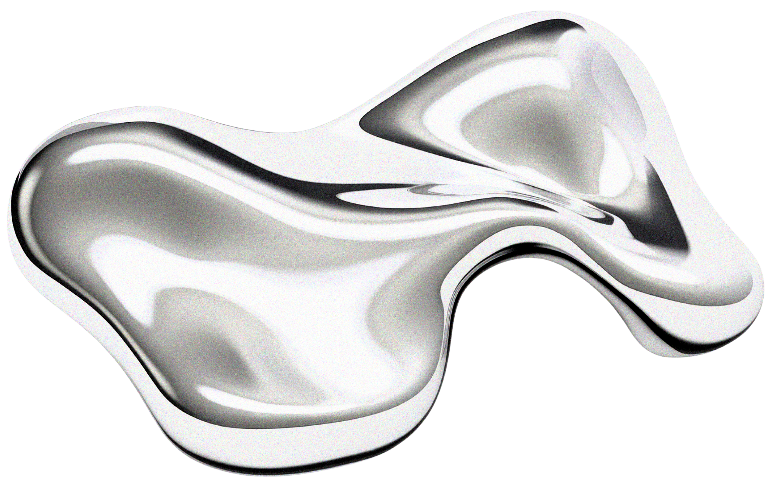 A sleek, modern silver and black electronic device with a minimalist design, featuring a curved surface, multiple indents, and a prominent black circular element.