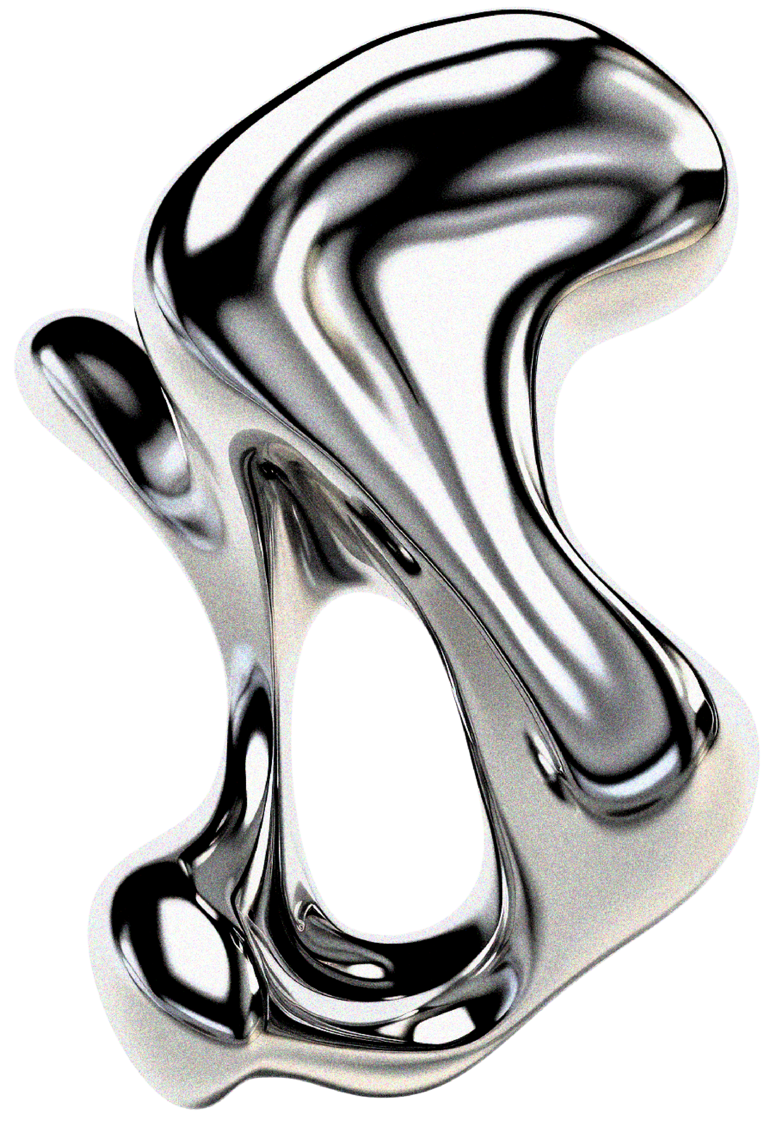 A metallic, abstract, black and white swirling sculpture with smooth, flowing curves.