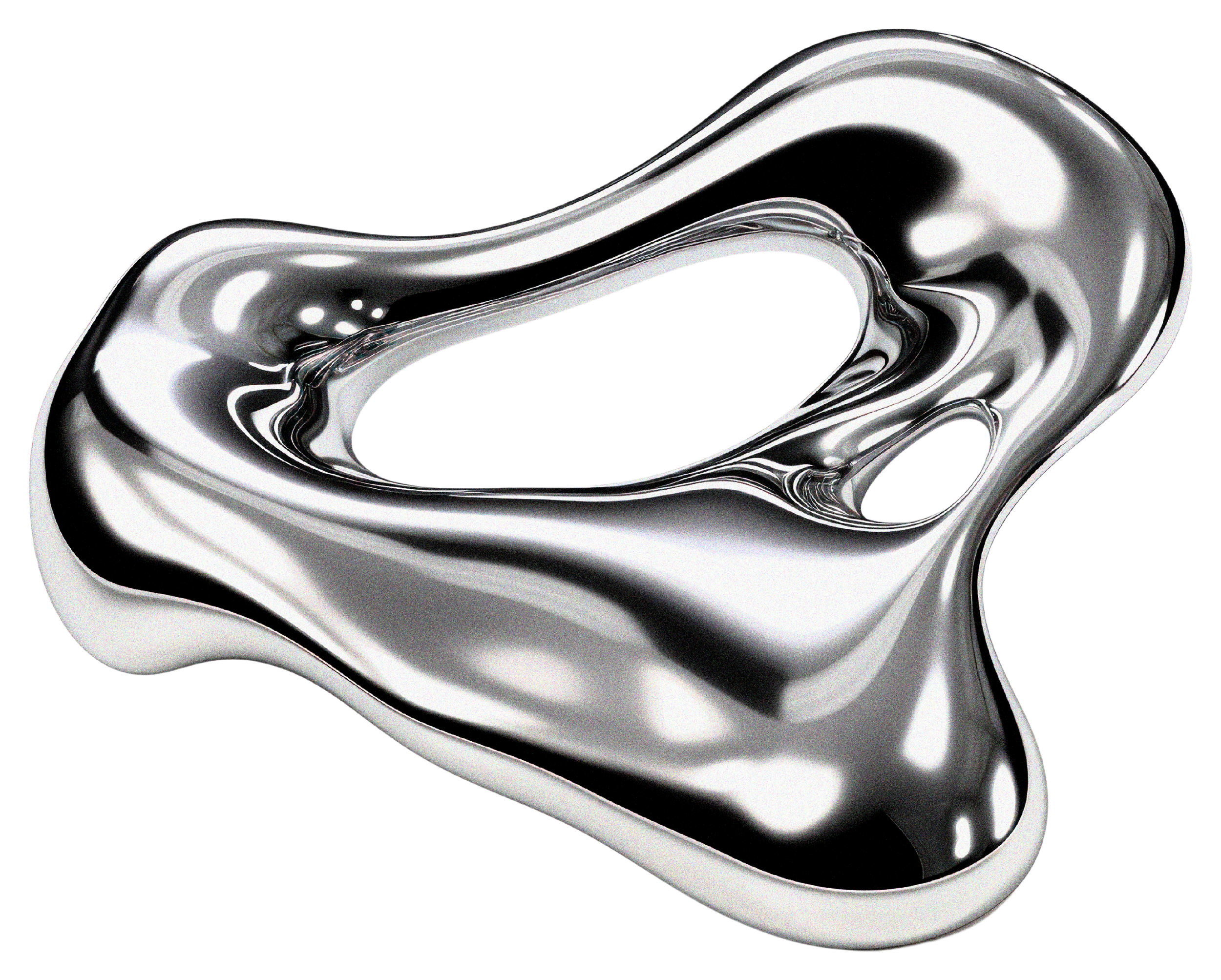 A close-up of a shiny, metallic, abstract sculpture with smooth, flowing curves and a reflective surface.