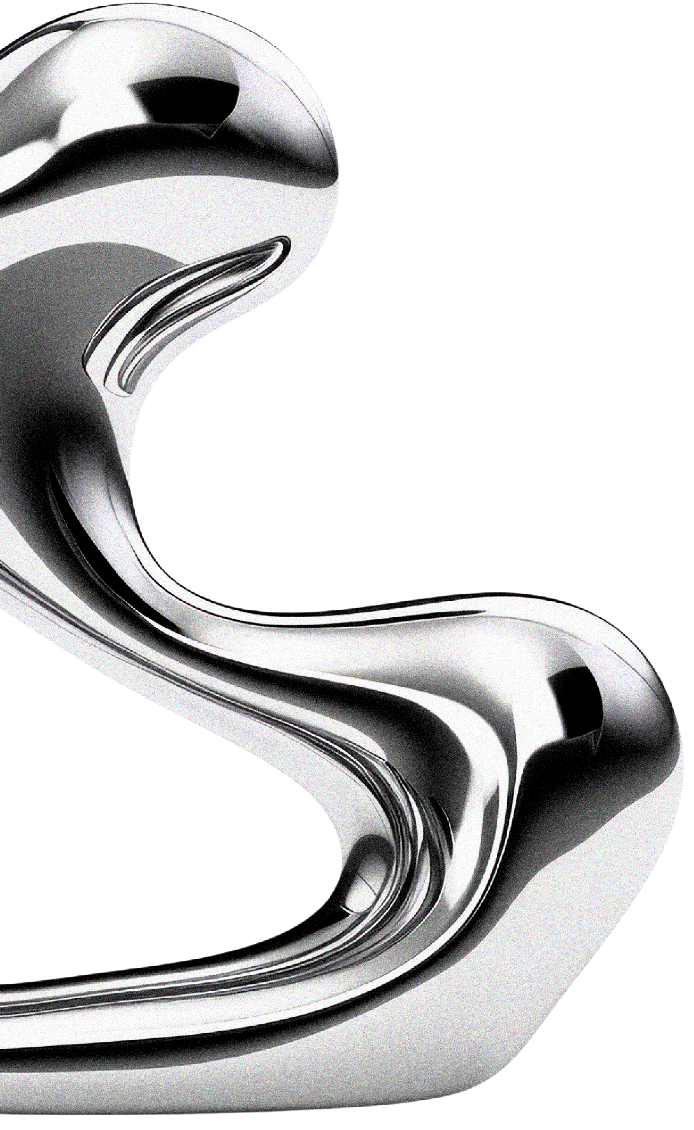 Close-up of a silver hydraulic or mechanical component with curved, shiny surfaces and dark internal spaces, set against a black background.