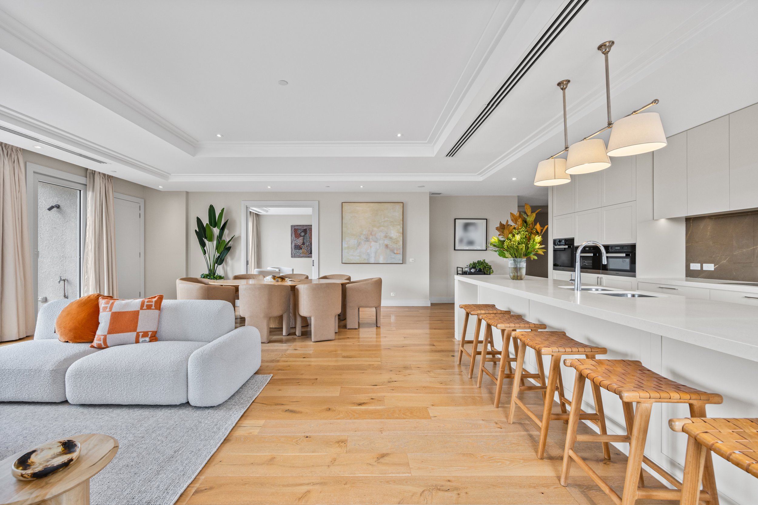 Award winning designed open-concept living room and kitchen.