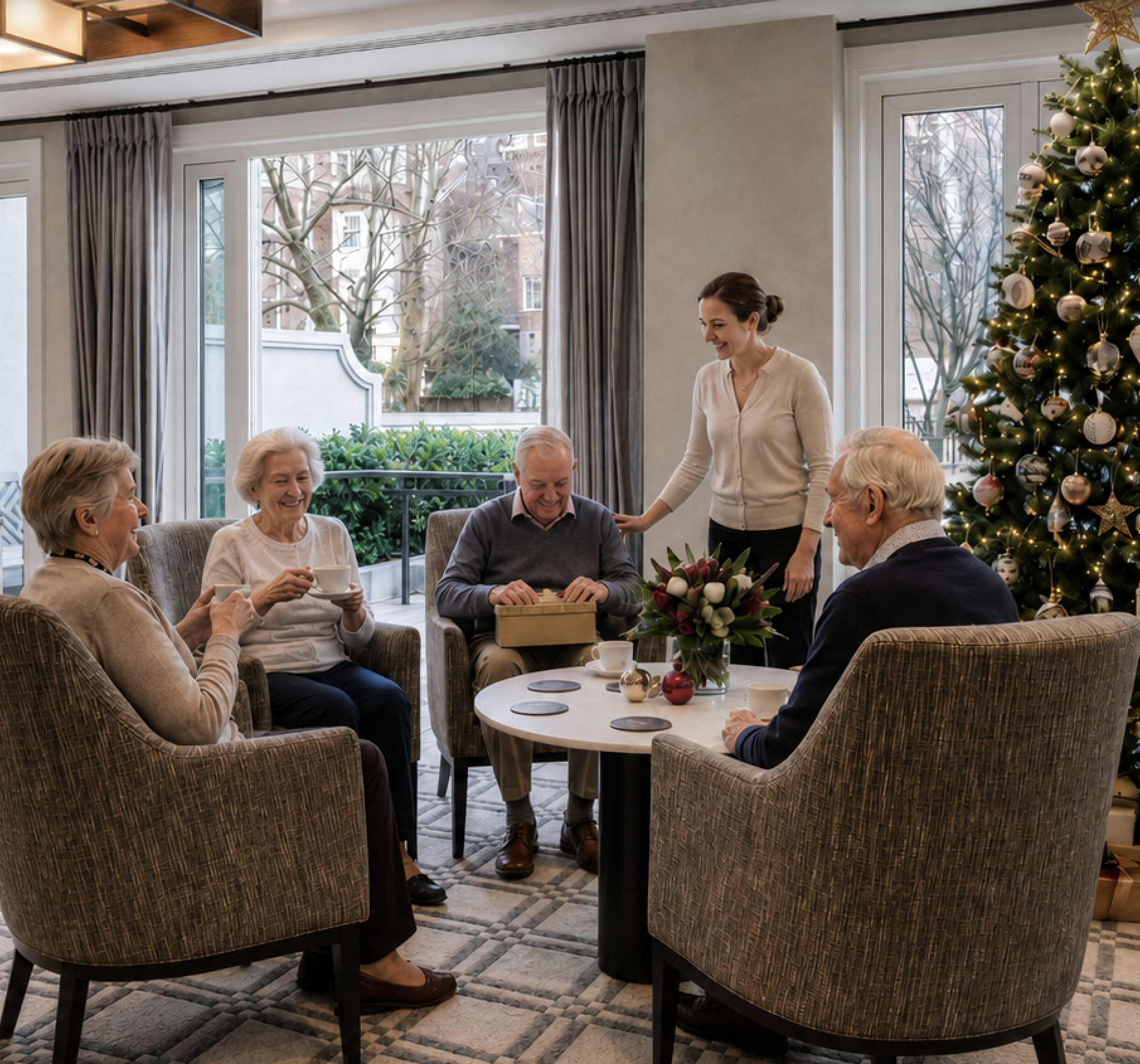 Residents enjoying time in The Benson lounge together during seasonal celebrations.