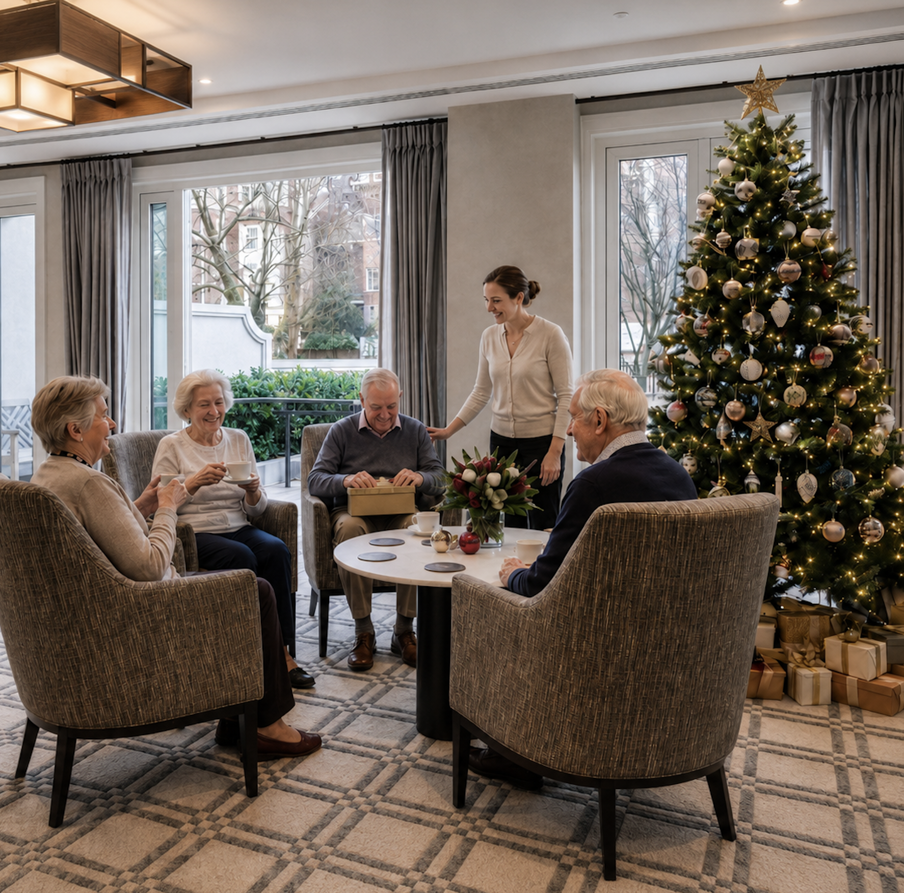 Relaxed elderly people sitting in a living room at Christmas time, a concierge serving drinks, and windows letting in natural light in The Benson's Lounge area.