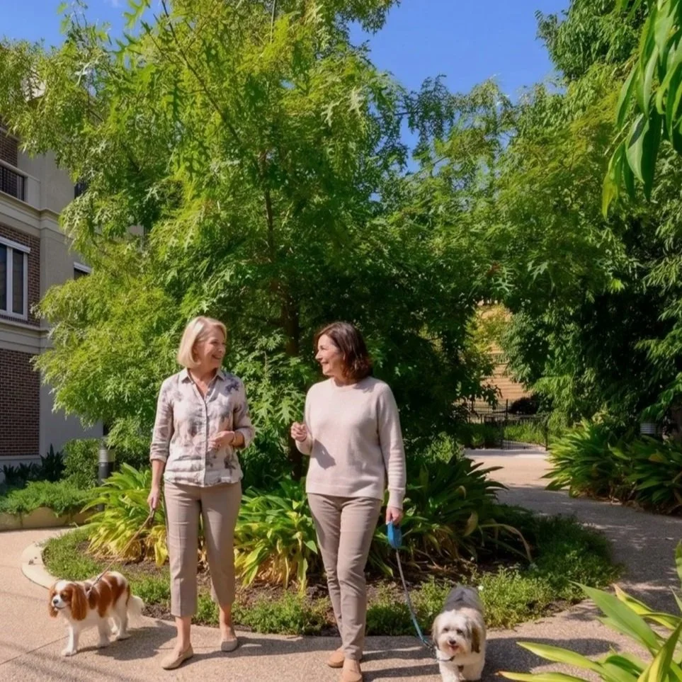 Two women walking dogs in the gardens and grounds on a sunny day with trees and shrubs.