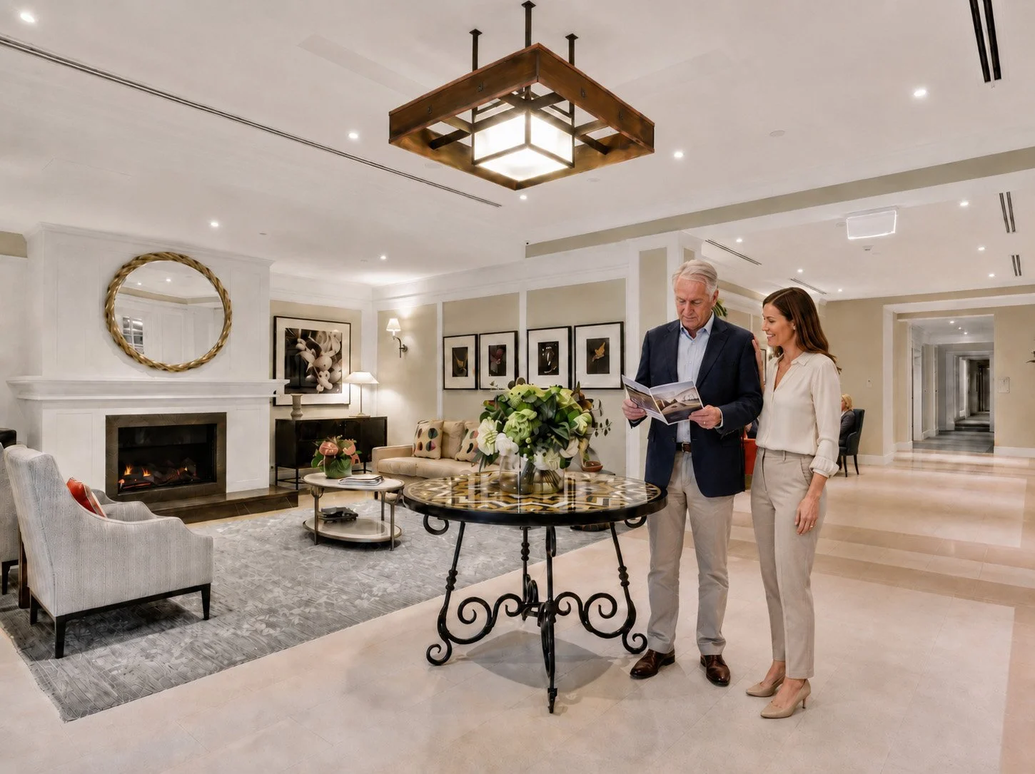 The Benson entrance lobby with a fireplace, modern wall art, and comfortable seating.