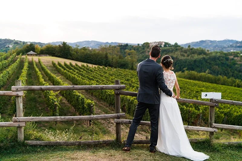 Una coppia di sposi in abiti da matrimonio osserva un vigneto in cima a una collina