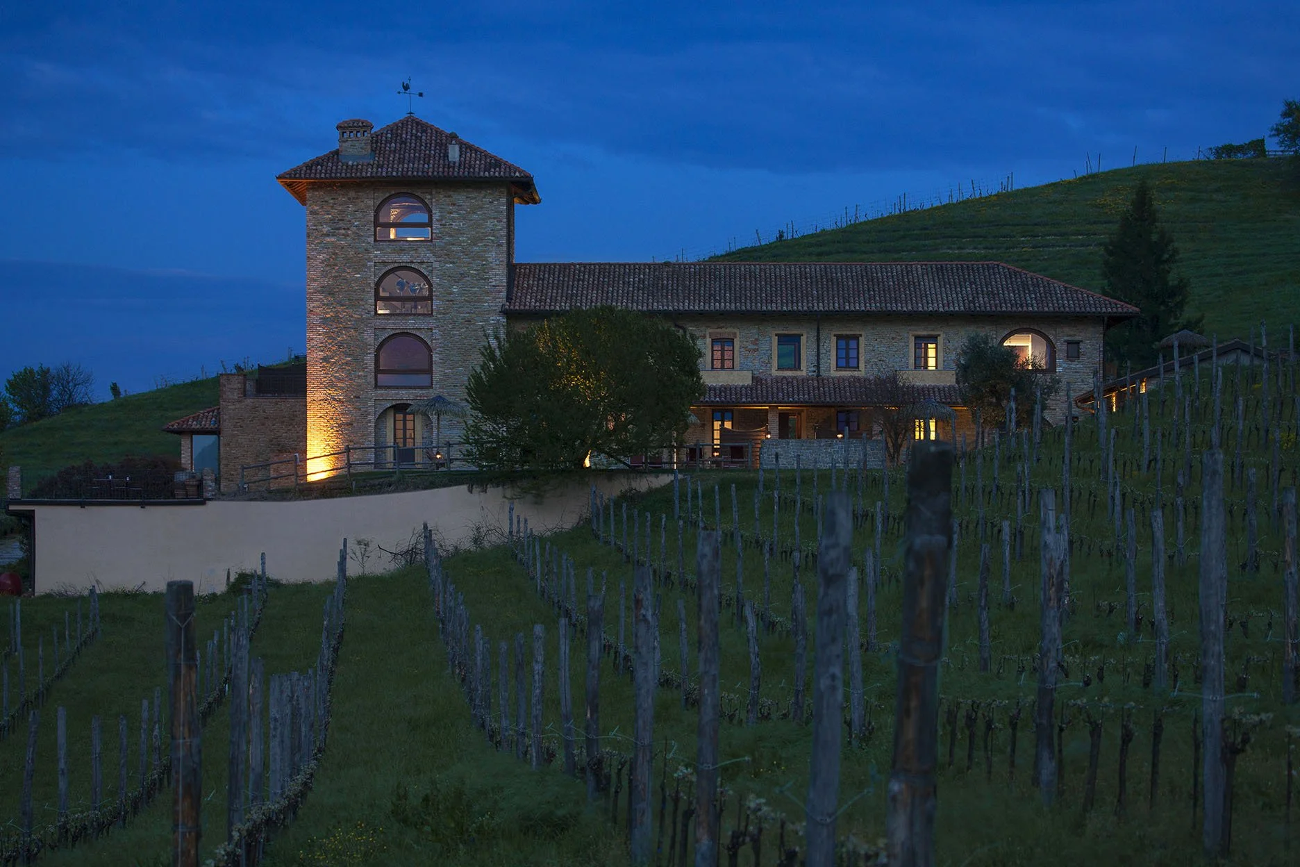 Una casa in pietra con luci accese di sera, circondata da un vigneto con filari di viti, su un terreno collinare verde e un cielo blu in ombra.