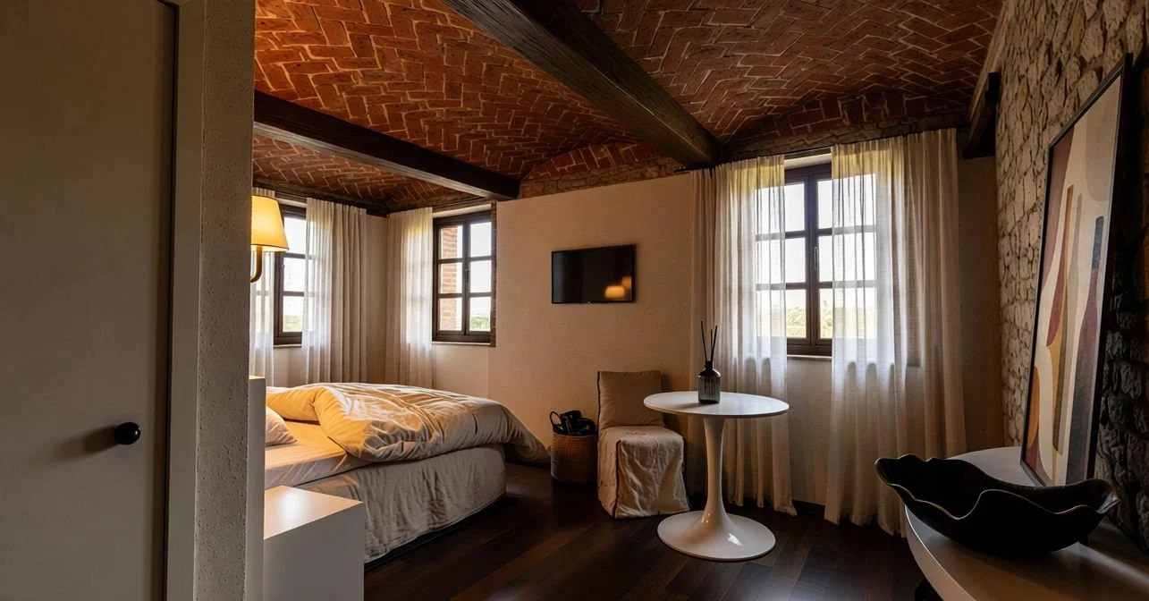 Camera da letto elegante con soffitto in mattoni a vista, due finestre con tende leggere, letto con biancheria chiara, televisore a parete, lampada da muro, quadri astratti e decorazioni, tavolo rotondo con oggetti decorativi, poltrona, cesto, e mobi