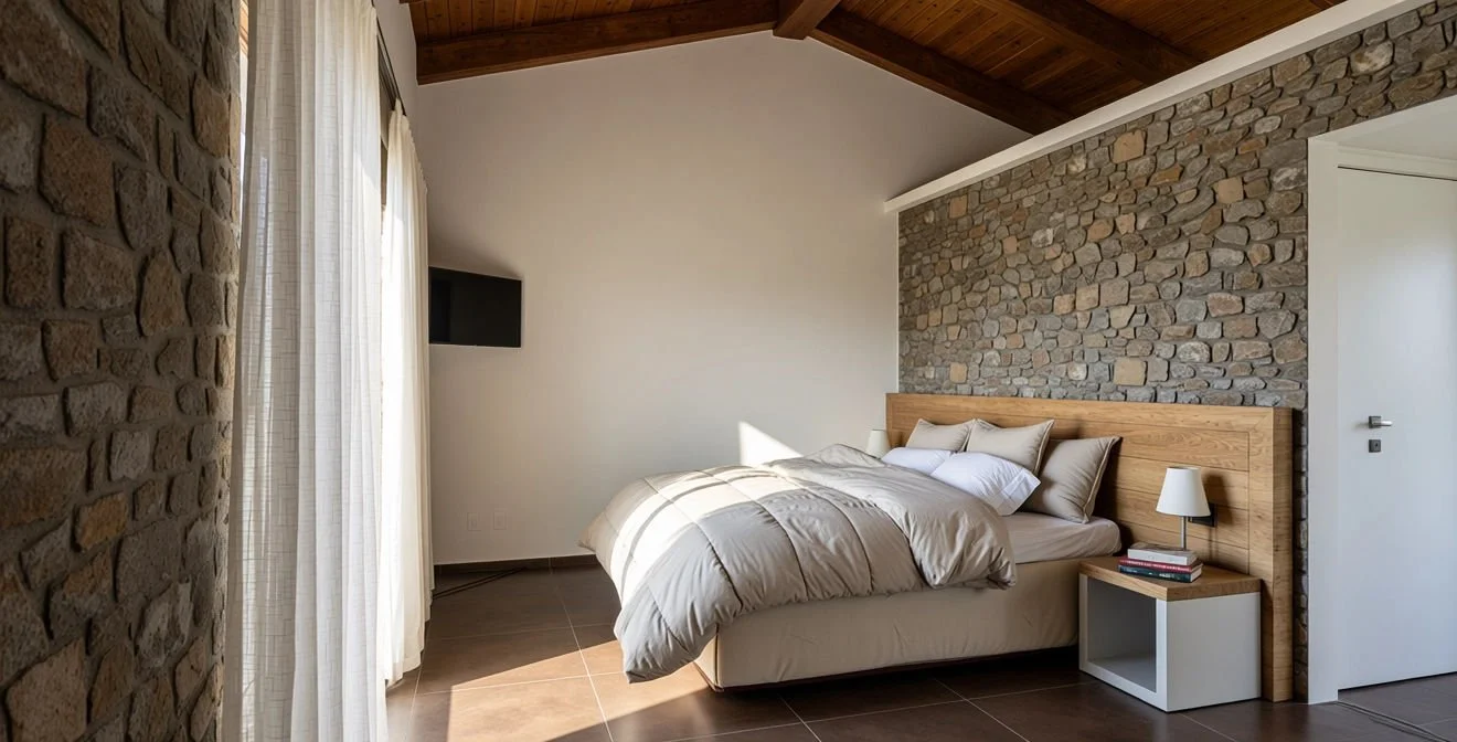Camera da letto con letto matrimoniale, cuscini e lenzuola beige, parete con pietre a vista, luci naturali da finestra, tappeto e mobile con lampada e libri.