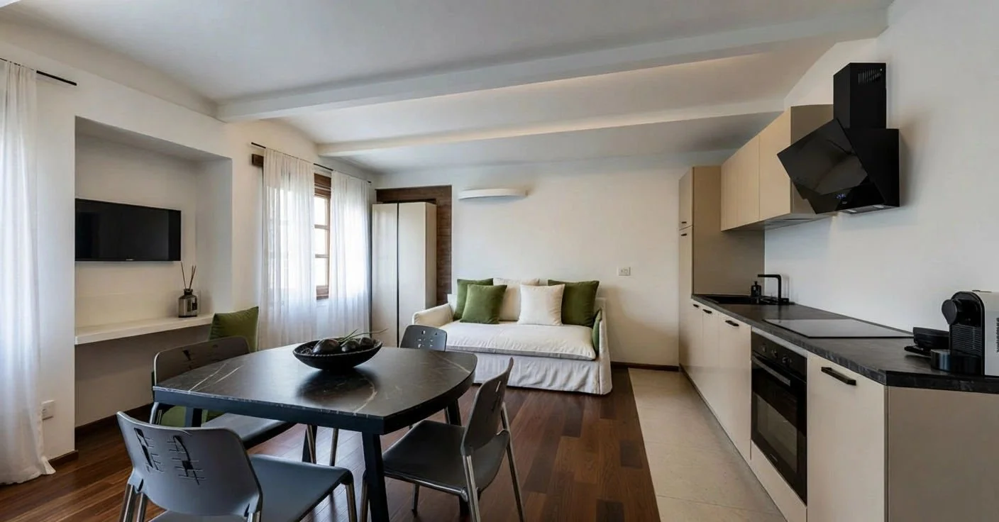 Interno di un soggiorno con pareti bianche, divano bianco con cuscini verdi e un tavolo rotondo nero con sedie, una parete con una finestra e un televisore, cucina moderna con elettrodomestici neri