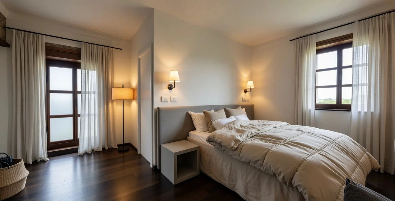 Camera da letto con letto matrimoniale, coperte beige, cuscini, piantana, due lampade da parete, due finestre con tende leggere, pavimento di legno.