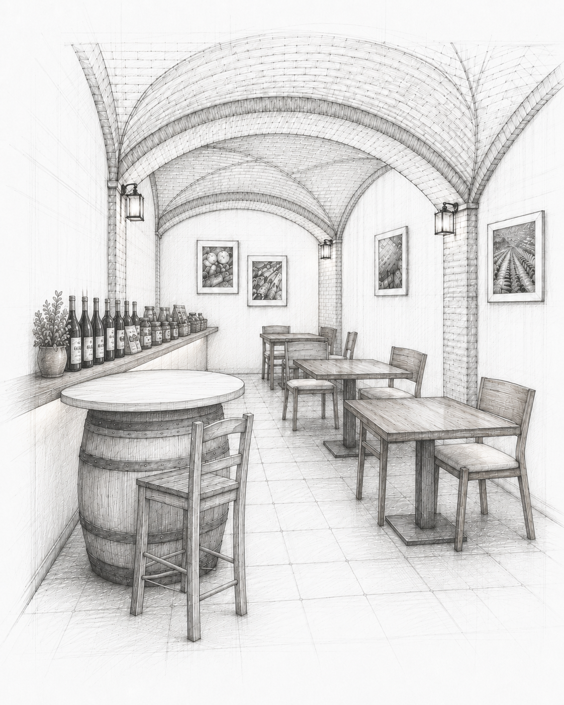 Interno di un ristorante o caffè con tavoli in legno, sedie e un bancone con bottiglie di vino o olio, pareti adornate con quadri di campi agricoli, soffitto con archi in mattone e luci d'epoca.