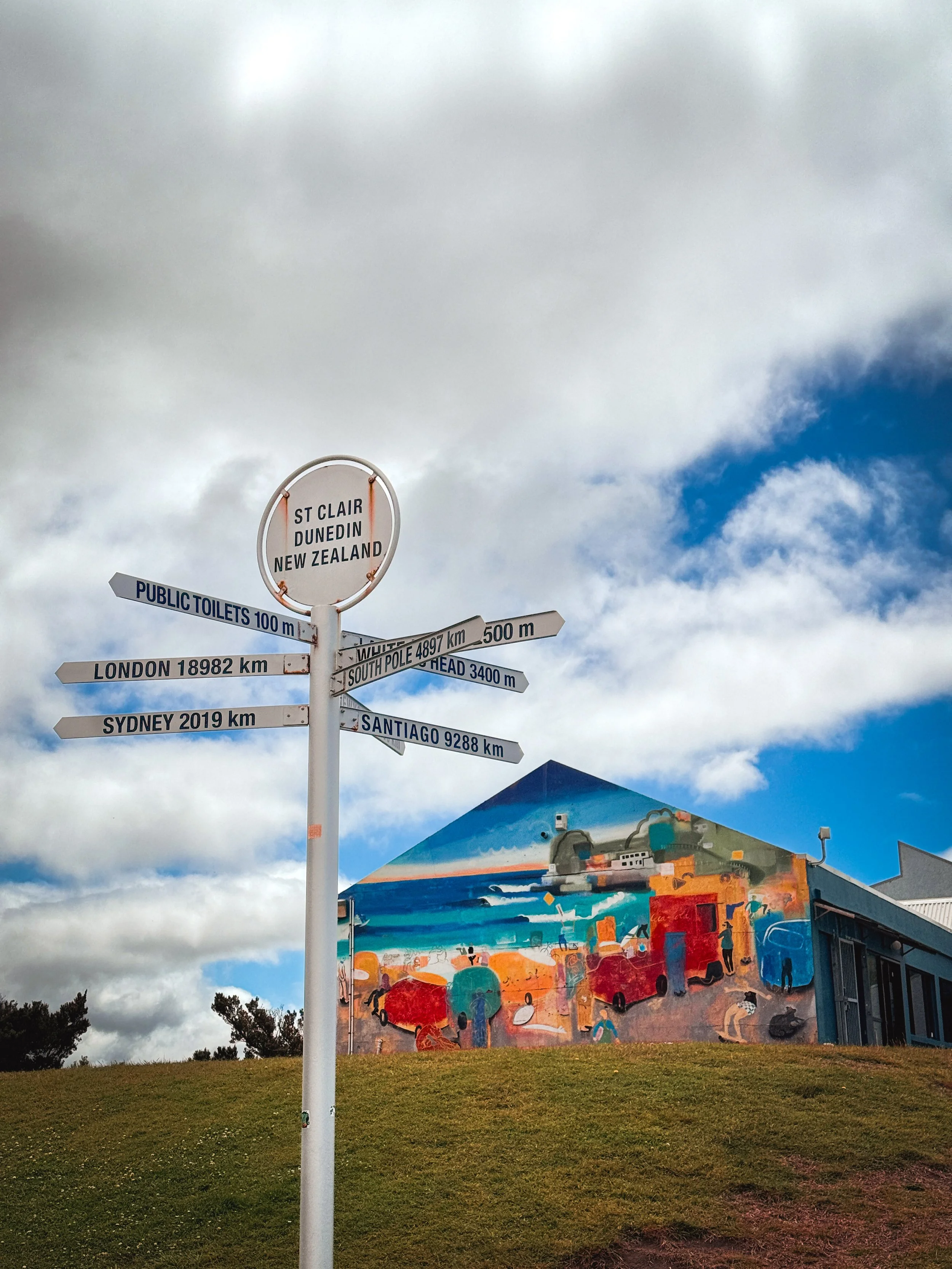 Signpost at St Clair Beach, Dunedin, pointing to local landmarks and international cities like London and Sydney