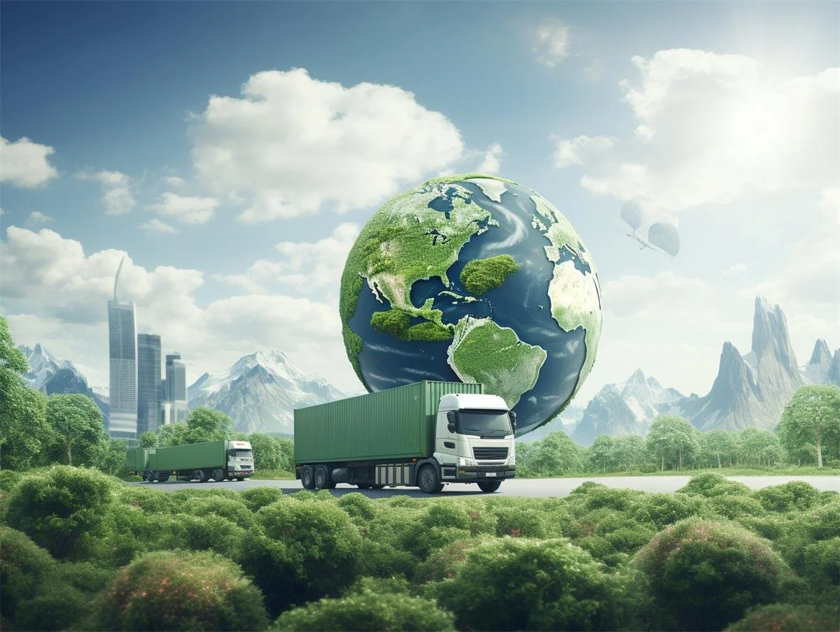 Digital illustration of a large Earth with green landmasses and blue oceans, with trucks carrying containers driving in front of it, set against a backdrop of mountains, futuristic city skyscrapers, and a partly cloudy sky.