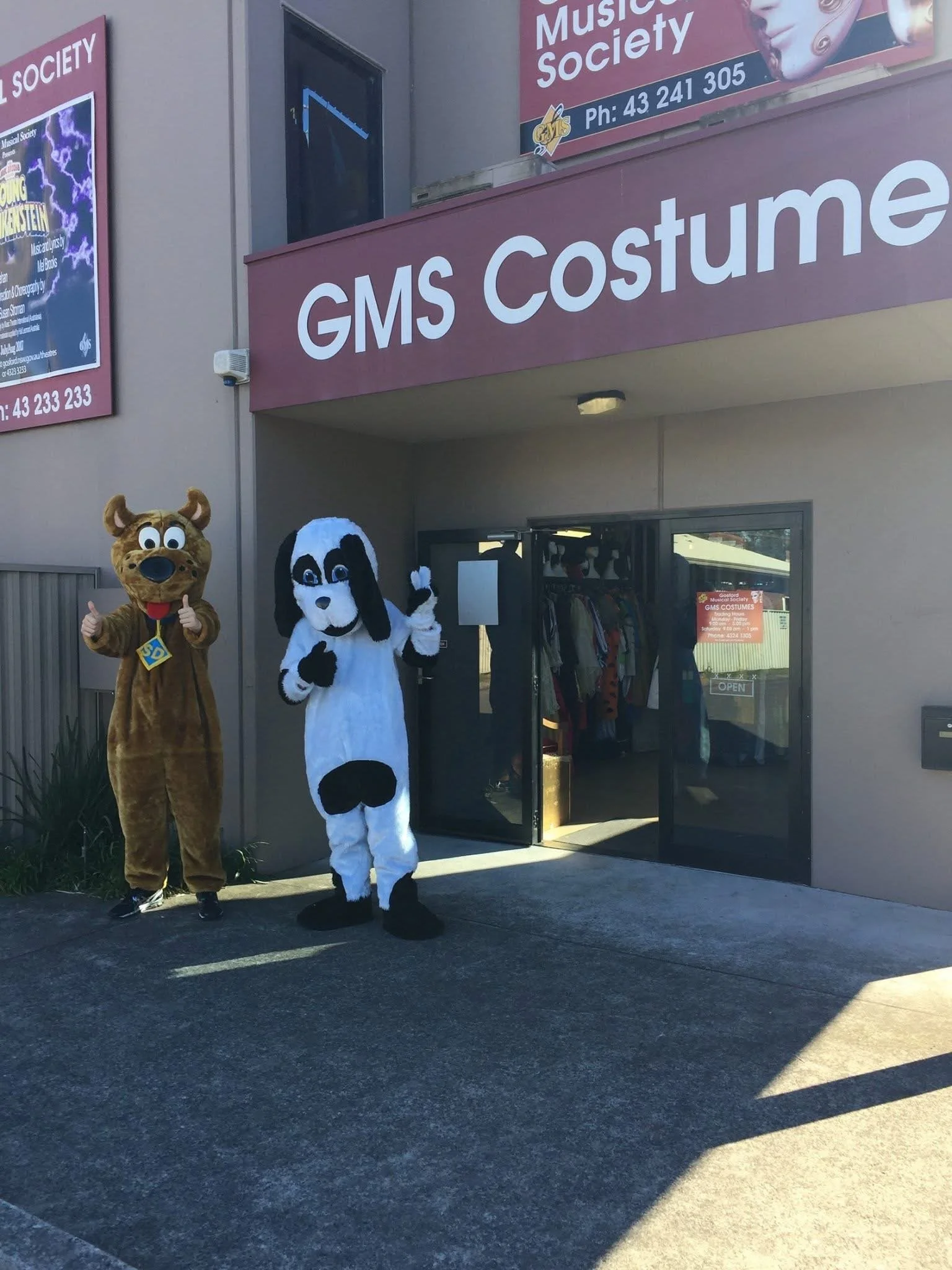 Two people dressed in mascot costumes, one as a dog and one as a panda, standing outside the entrance of a store called GMS Costume.