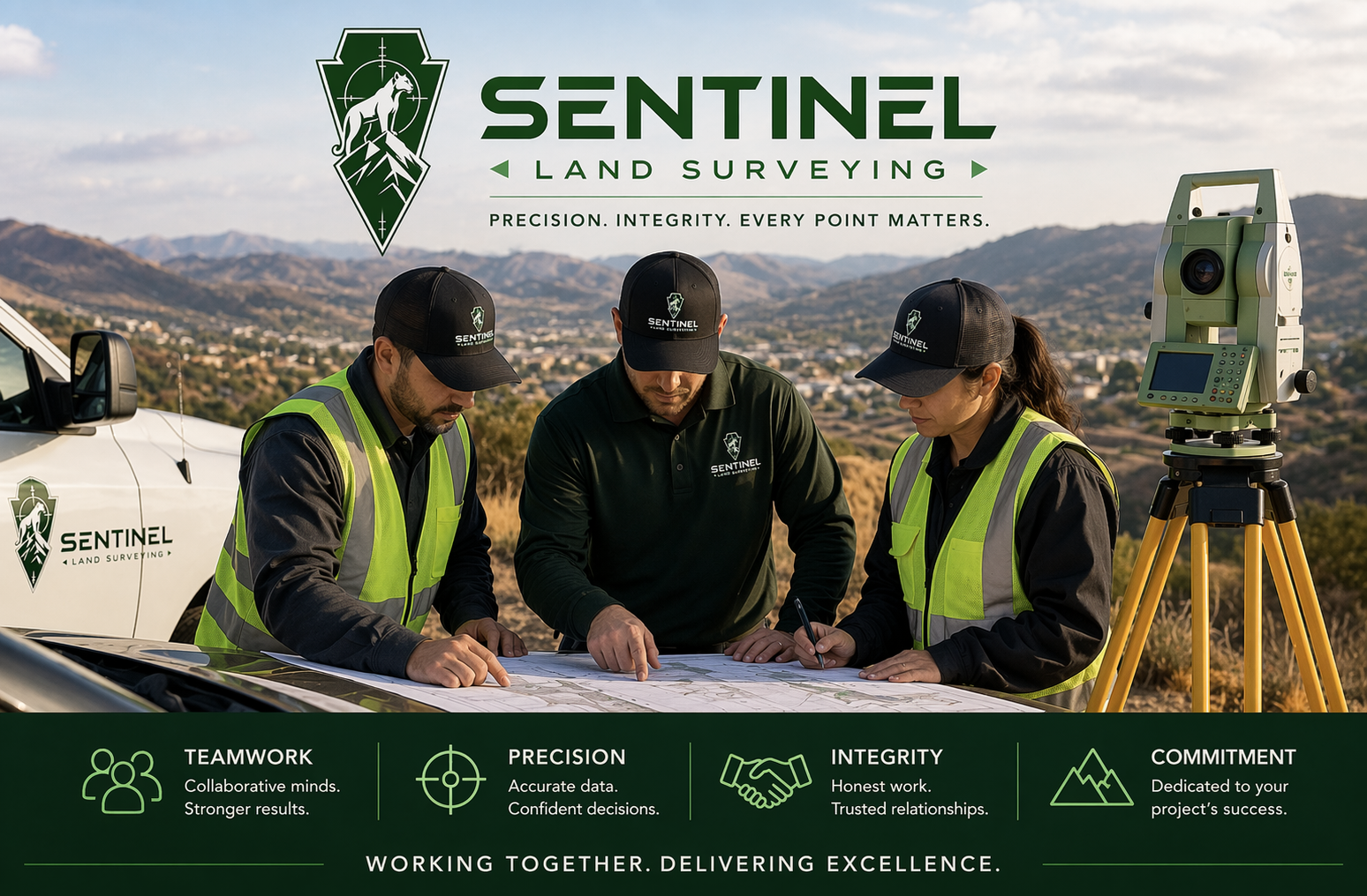 Three land surveyors, two men and one woman, working outdoors on a land survey with a theodolite on a tripod nearby, under a cloudy sky, with mountains and a town in the background, all wearing black caps with the Sentinel logo and high-visibility vests, and reviewing land maps.