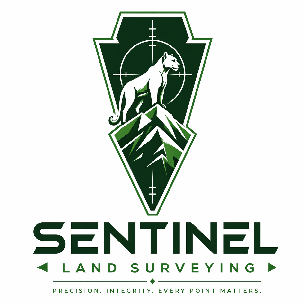 Logo for Sentinel Land Surveying featuring a mountain peak, a mountain lion in front of a target, and the company name with the tagline 'Precision. Integrity. Every Point Matters.'