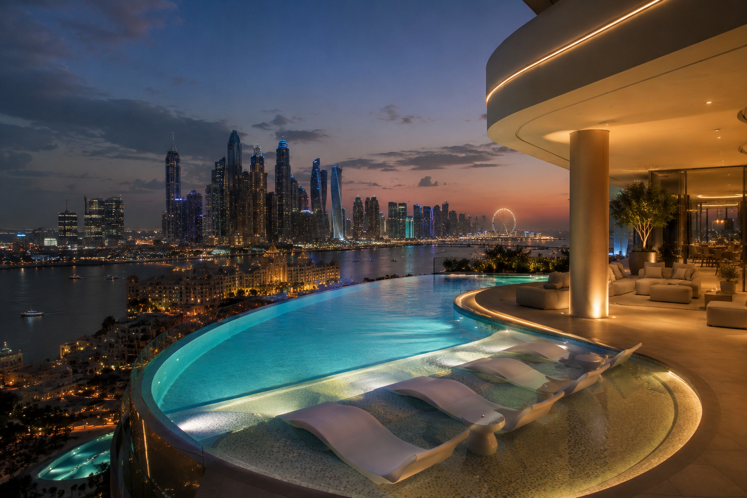 Luxury infinity swimming pool design and construction in Dubai overlooking the skyline, featuring premium finishes, outdoor living spaces, and modern architectural elements.