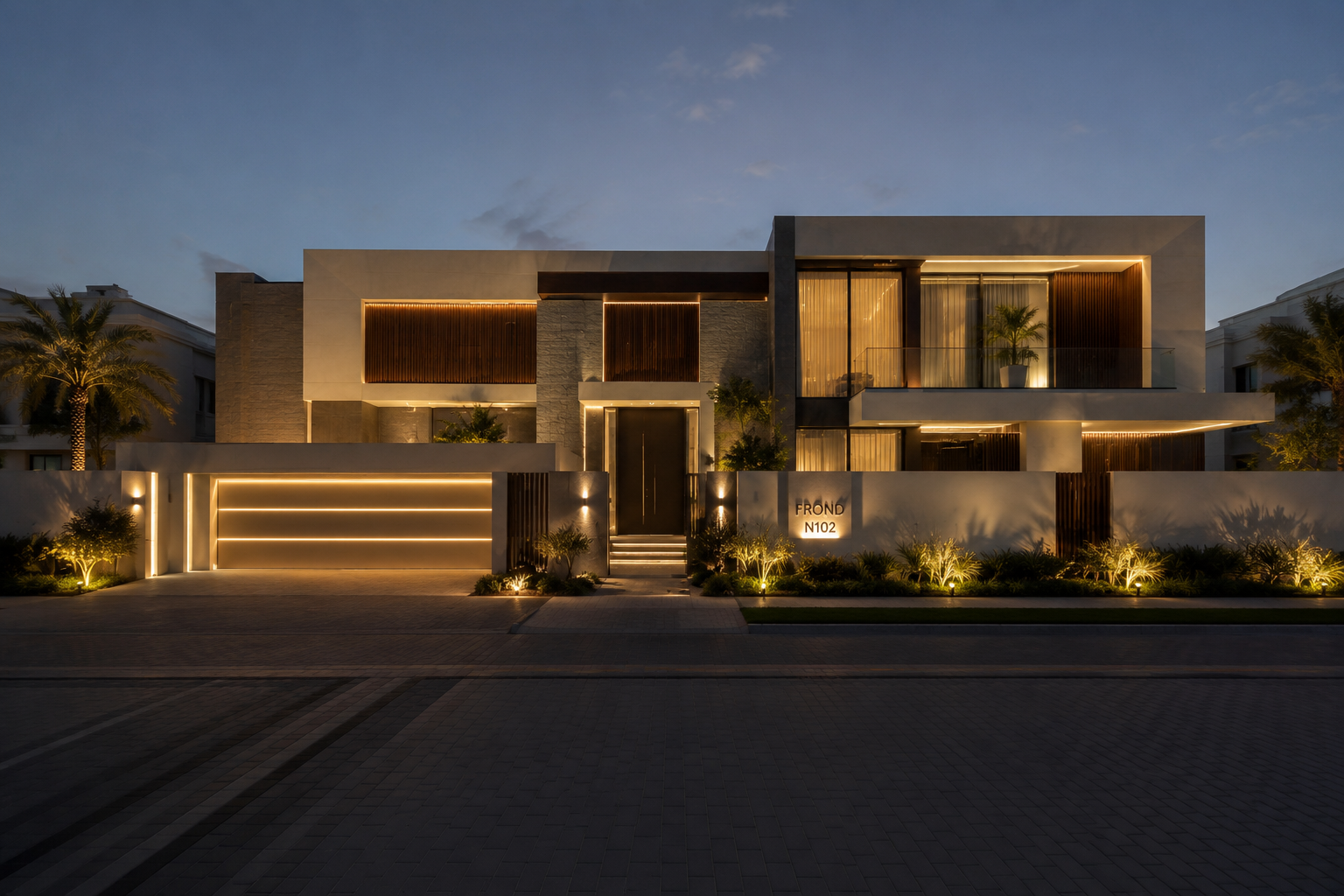 Luxury villa construction and landscape design project in Dubai featuring modern architecture, outdoor lighting, premium hardscape works, and custom garden development by ARTECO ELEMENTA.