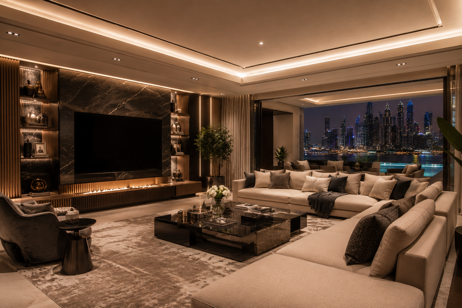 Luxury interior design and fit-out project in Dubai featuring premium materials, custom lighting, modern furniture, marble finishes, and contemporary villa interiors by ARTECO ELEMENTA.