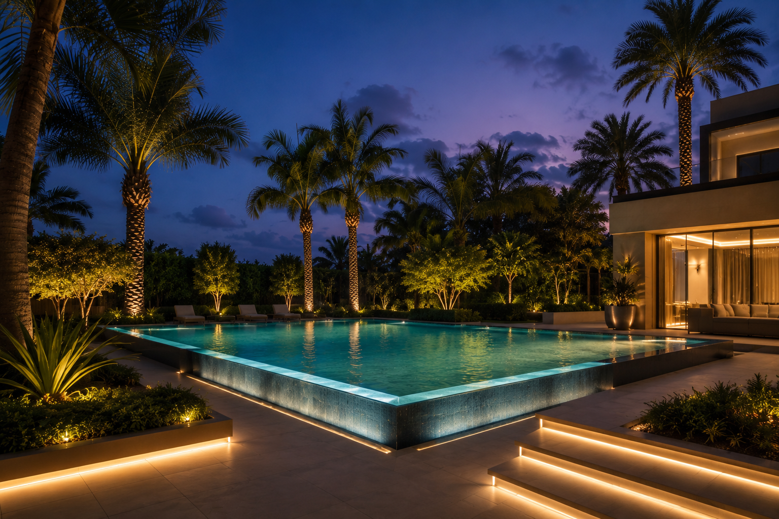 Custom swimming pool construction in Dubai with luxury landscape design, palm trees, outdoor seating area, lighting, and premium pool finishing.