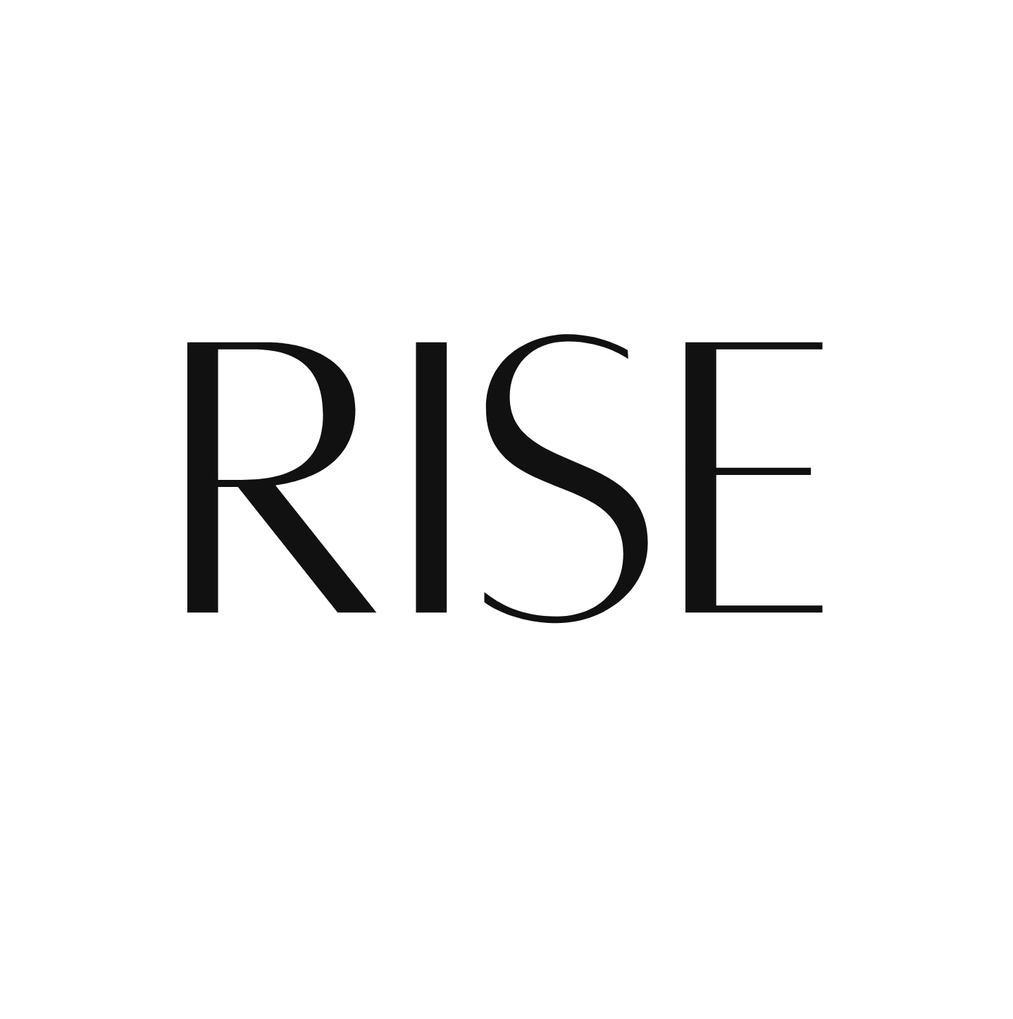Schriftzug mit dem Wort 'RISE' in großen, schwarzen Buchstaben auf weißem Hintergrund.