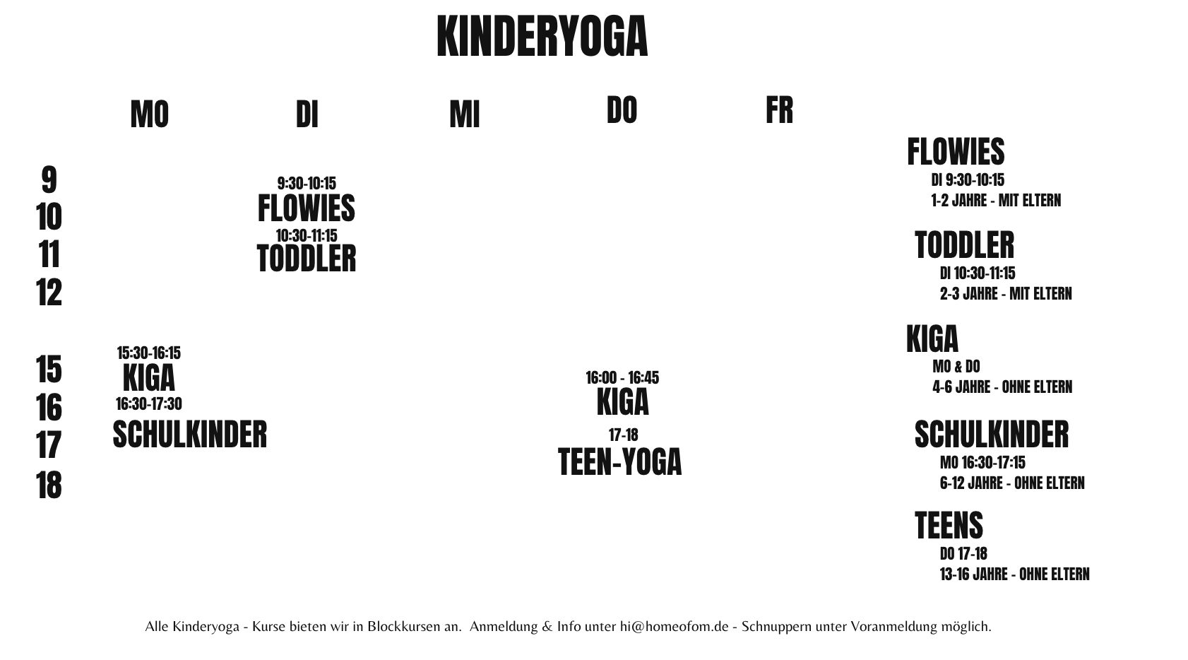 Wochenplan für Kinderyoga-Kurse mit verschiedenen Kursen für verschiedene Altersgruppen, aufgegliedert nach Wochentagen und Uhrzeiten in deutscher Sprache.