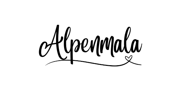 Handgeschriebener Schriftzug mit dem Wort "Alpenmala" auf weißem Hintergrund.